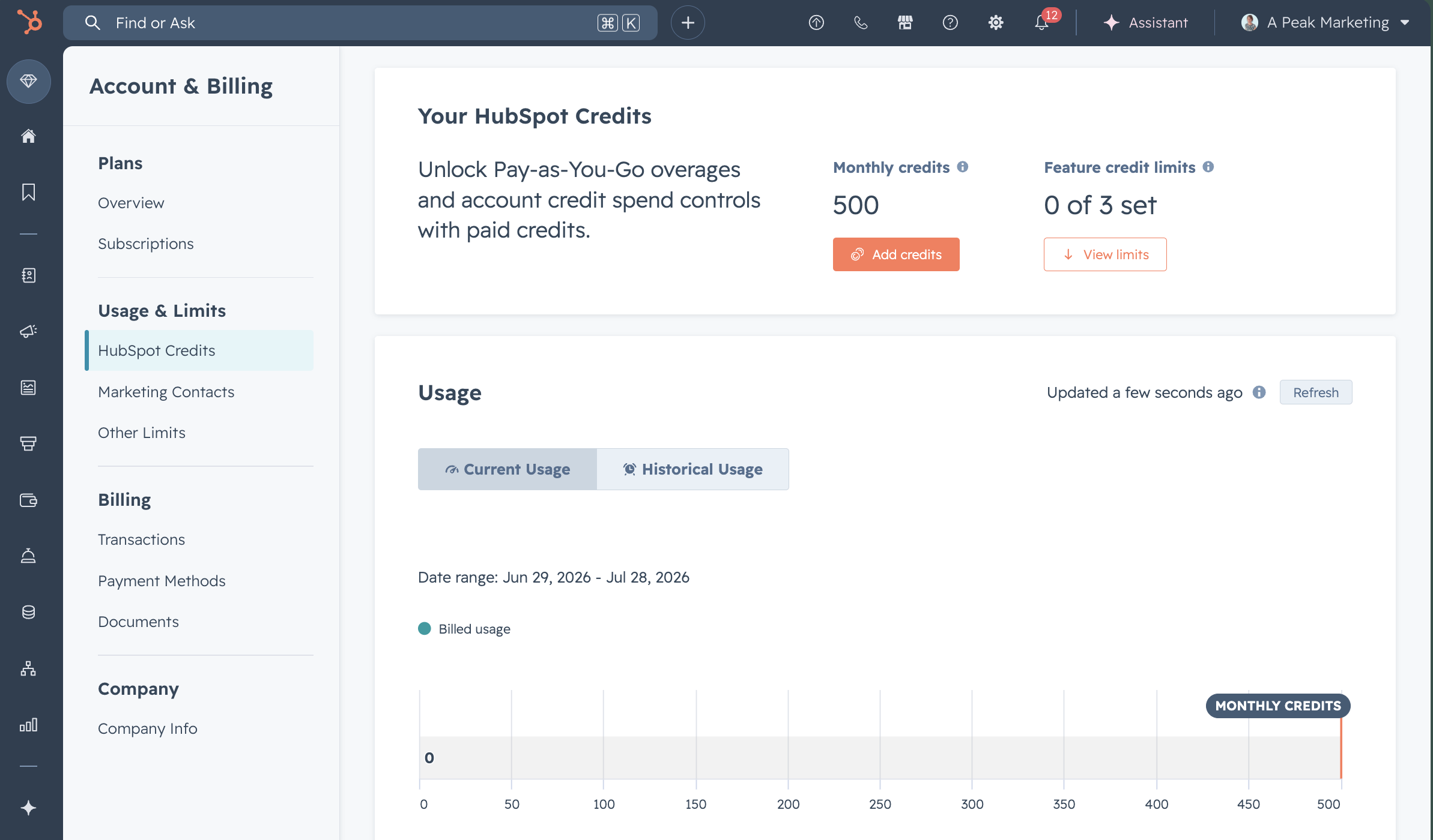 Screenshot of HubSpot Credit Usage